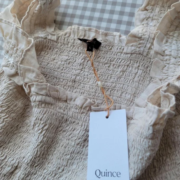Quince 100% European Linen Smocked Midi Dress, Sand Beige, L - Picture 2 of 9